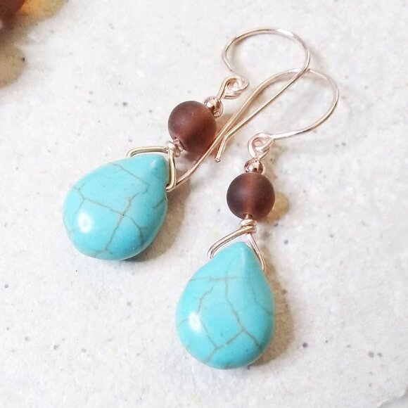 🎁🎁🎁 GIFT WORTHY ~ Beaded Bracelet + Earring Set! Turquoise + Brown + Rosegold - Picture 4 of 8